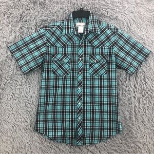 Wrangler Shirt Mens Medium Pearl Snap Green Black Western Short Sleeve